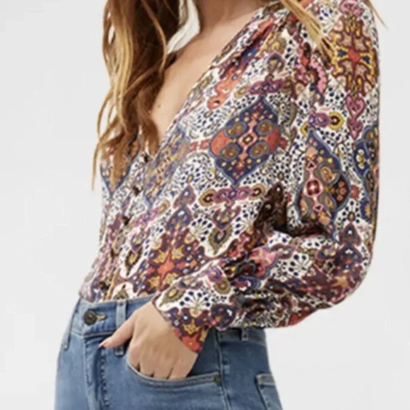 VERONICA BEARD | Sura Printed Crepe de Chine Blouse in Multicolor | Size 4 - Picture 5 of 13